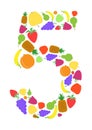 Colorful number 5 shaped by flat fruit designs, Arial