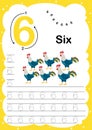 Colorful Number Six daily tracing printable A4 practice worksheet with cute cartoon animals for kids learning to count and to