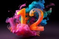 Colorful number twelve with vibrant smoke on black background. Symbol 12. Invitation for a twelfth birthday party or