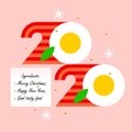 Colorful numbers 2020 look like eggs with bacon and greetings of happy and tasty New Year. Modern vector illustration Royalty Free Stock Photo