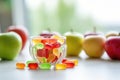 Colorful nutrition boost: Gummy supplements in a glass jar, offering chewable vitamins for a vibrant start