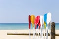 Colorful oars with beach background, water sport, holiday activity at the beach