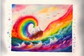 Colorful ocean sea ship and rainbow painting