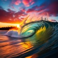 Colorful Ocean Wave Breaking at Sunset Royalty Free Stock Photo