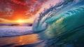 Colorful Ocean Wave. Sea water in crest shape. Sunset light and beautiful clouds on background Royalty Free Stock Photo