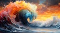 Colorful ocean wave sunset fantasy art Royalty Free Stock Photo