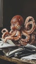 Colorful octopus atop cluttered work desk setting Royalty Free Stock Photo