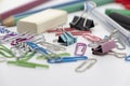 Colorful office tools set, pen, binder, paper clip, pencils, eraser Royalty Free Stock Photo