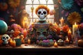 Colorful ofrenda altar with sugar skulls