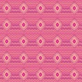 Vivid pink ogee pattern with a colorful striped zigzag background