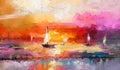 Colorful oil painting on canvas texture. Impressionism image of seascape paintings with sunlight background.