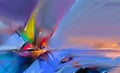 Colorful oil painting on canvas texture. Semi- abstract image of seascape paintings with sunlight background