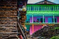 Colorful old buildings of ancient Indian village Malana in the state of Himachal Pradesh Royalty Free Stock Photo