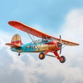 colorful old prop plane flying across a light blue sky , generated by AI