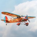 colorful old prop plane flying across a light blue sky , generated by AI