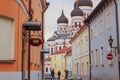 Old town street and Alexander Nevsky Cathedral in Tallinn, Estonia Royalty Free Stock Photo