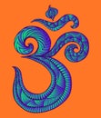 Colorful Om sacred symbol pattern with maze of ornaments, vibrant neon gradient blue purple color, isolated on orange Royalty Free Stock Photo