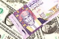 A colorful Omani riyal bank note on one dollar bills Royalty Free Stock Photo