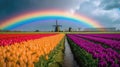 Colorful open field with beautiful tulips. Generative AI