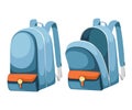 Colorful opened and closed school bags. Empty rucksack. Backpack with zippers. Cartoon design. Flat illustration isolated