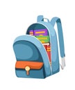 Colorful opened school bag with books. Backpack with zippers. Cartoon design. Flat illustration isolated on white