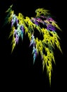 Colorful openwork leaf on a black background. Graphic design element. Abstract fractal background. 3d rendering.