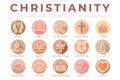 Colorful Orange Christianity Icon Set with Faith, Bible, Crucifixion , Baptism, Church, Resurrection, Holy Spirit, Saints,