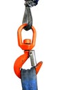 Colorful orange crane hook holding blue tape rope