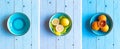 Colorful Orange fruits over a light blue painted wood table