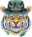 Colorful orange smiling tiger in halloween hat with with raven skull and feathers.