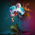 colorful orchid flower with paint splashes on a dark background