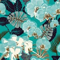 Colorful orchid seamless pattern. Vector floral wallpaper, tropic style