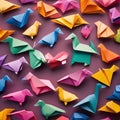 Colorful origami animals arranged in a playful composition Charming and delightful illustration for childrens products or paper