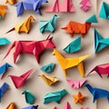 Colorful origami animals arranged in a playful composition Charming and delightful illustration for childrens products or paper