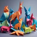 Colorful origami animals arranged in a playful composition Charming and delightful illustration for childrens products or paper