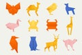 Colorful origami animals. Folded origami animal models, japanese zoo animals folded papercraft model collection in