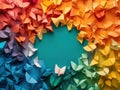 Colorful Origami Butterflies Arranged in a Circular Pattern on a Teal Background Royalty Free Stock Photo