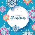 Colorful Origami Christmas Greetings card. Snowfall. Paper cut snow flake. Happy New Year invitation. Winter snowflakes Royalty Free Stock Photo