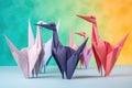 colorful origami crane collection on pastel background