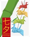 Colorful Origami Cranes over Bamboo Branch for Tanabata Festival, Vector Illustration Royalty Free Stock Photo