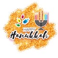 Colorful Origami Happy Hanukkah Greeting card on gold glitter background Royalty Free Stock Photo