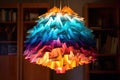 colorful origami paper lampshade illuminated in dark room