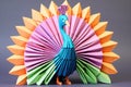 colorful origami peacock with fanned tail