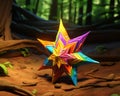 a colorful origami star in the woods