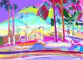 Colorful original digital painting of rural winter landscape