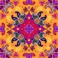 Colorful ornament in ethnic style with flowers and paisley. Festive seamless pattern. Print for fabric. Pillowcase, napkin, carpet