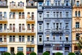 Colorful ornate historic building facade. Front view. Karlovy Vary, Czech Republic