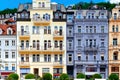 Colorful ornate historic building facade. Front view. Karlovy Vary, Czech Republic Royalty Free Stock Photo