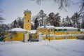 Colorful outbuildings of the Leninskie Gorki Estate in winter Royalty Free Stock Photo