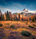 Colorful outdoor scene of Tre Chime Di Lavaredo National Park, Antorno lake location. Royalty Free Stock Photo